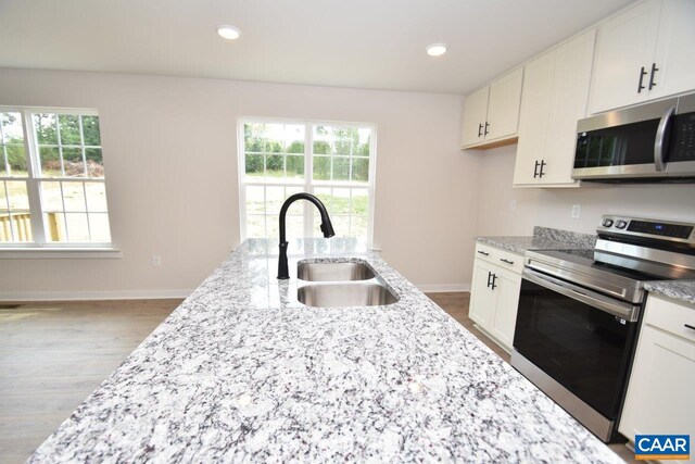 kitchen with light stone countertops, baseboards, a sink, wood finished floors, and stainless steel appliances