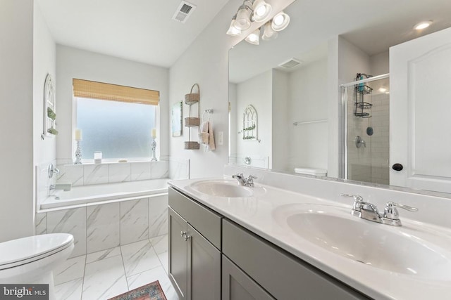 full bath featuring toilet, marble look tiles, a shower stall, a bath, and double vanity