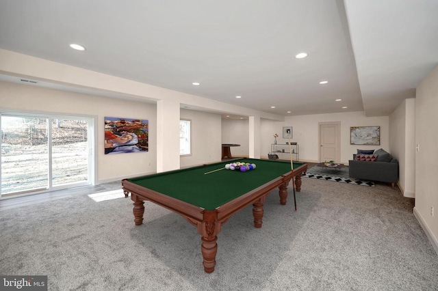  - game room featuring billiards, recessed lighting, carpet, and plenty of natural light