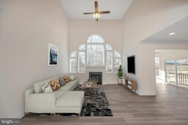  - living room with healthy amount of natural light, a glass covered fireplace, baseboards, a ceiling fan, and a towering ceiling