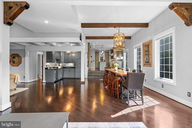 93 Tyro Ln, Roseland, VA 22967 - dining room with a chandelier, dark wood-style floors, beam ceiling, baseboards, and recessed lighting