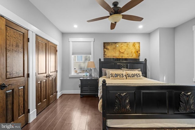 93 Tyro Ln, Roseland, VA 22967 - bedroom featuring dark wood-style flooring, baseboards, recessed lighting, and a ceiling fan
