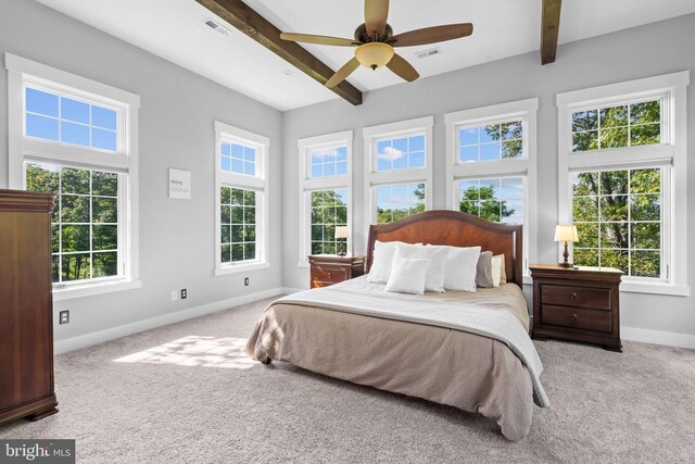 93 Tyro Ln, Roseland, VA 22967 - carpeted bedroom with beamed ceiling, baseboards, and a ceiling fan