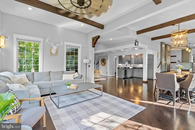 93 Tyro Ln, Roseland, VA 22967 - living room featuring beamed ceiling, dark wood-style flooring, and a chandelier
