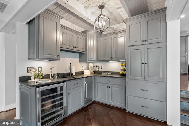 93 Tyro Ln, Roseland, VA 22967 - indoor bar with wine cooler, dark wood-style floors, beam ceiling, a chandelier, and stainless steel refrigerator