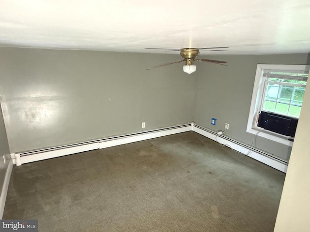  - unfurnished room with carpet floors, a ceiling fan, and a baseboard heating unit