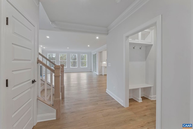 10A Sablewood Dr, Charlottesville, VA 22911 - corridor with crown molding, light wood-style flooring, stairway, baseboards, and recessed lighting
