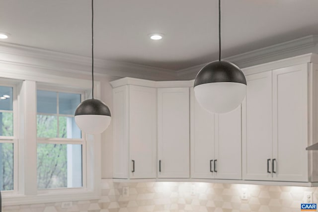 10A Sablewood Dr, Charlottesville, VA 22911 - kitchen view of crown molding, white cabinetry, decorative light fixtures, and recessed lighting