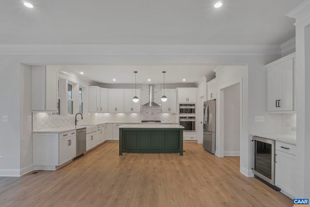 10A Sablewood Dr, Charlottesville, VA 22911 - kitchen featuring wall chimney range hood, beverage cooler, appliances with stainless steel finishes, backsplash, and light countertops