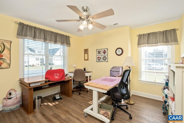 10 Apple Blossom Ct, Nellysford, VA 22958 - home office featuring a healthy amount of sunlight, a ceiling fan, visible vents, and wood finished floors