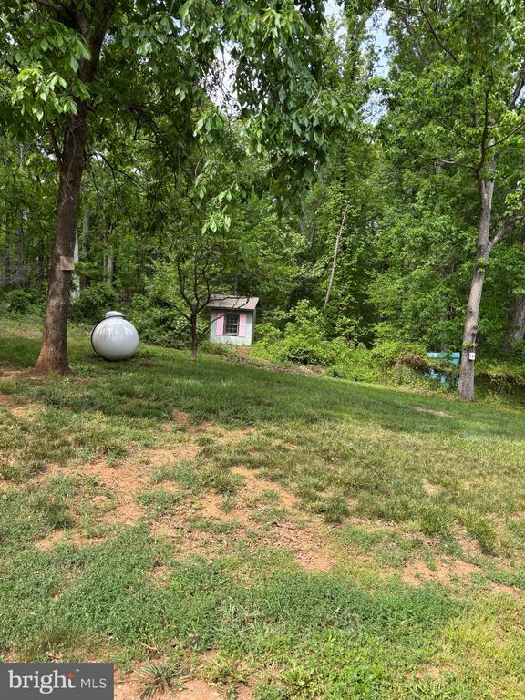  - view of yard with an outbuilding, a storage unit, and a view of trees