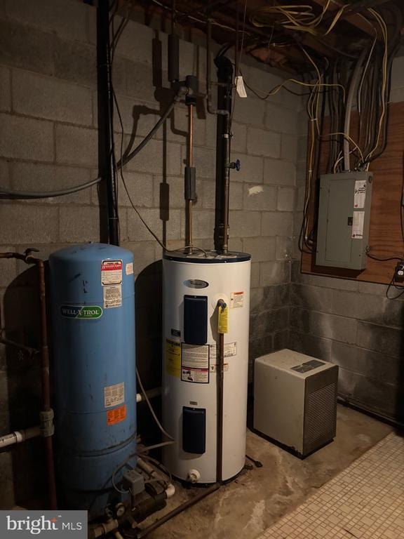  - utility room featuring electric water heater and electric panel