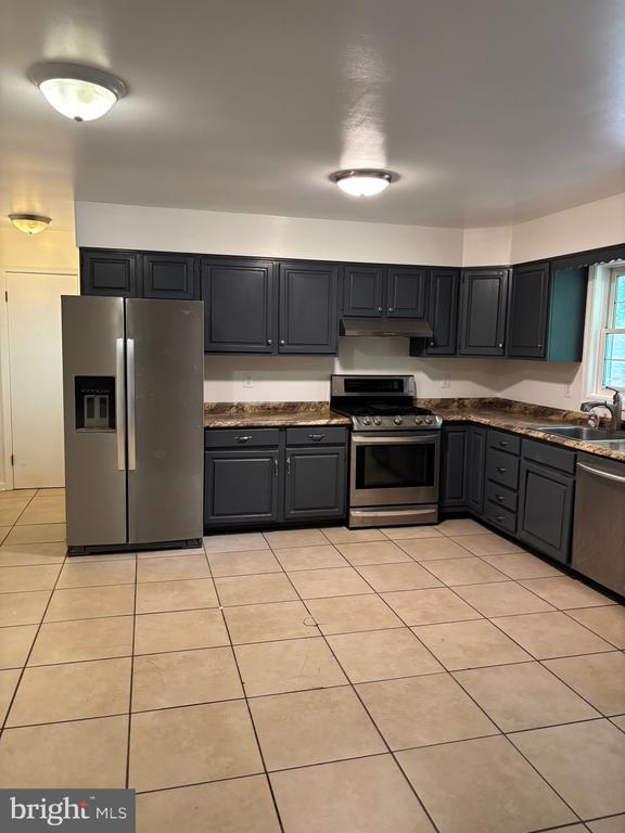  - kitchen with appliances with stainless steel finishes, a sink, light tile patterned floors, under cabinet range hood, and dark stone counters