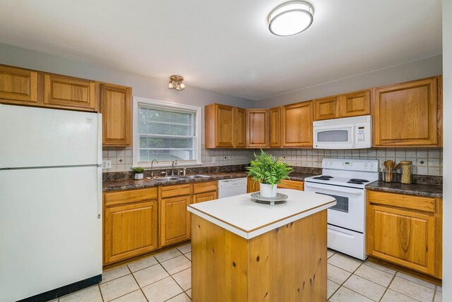 78 Stuart Ave, Stuarts Draft, VA 24477 - kitchen featuring white appliances, a sink, tasteful backsplash, a center island, and light tile patterned floors