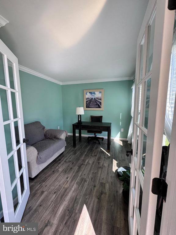 10010 Peppermill Ct, Fredericksburg, VA 22407 - living room featuring french doors, crown molding, dark wood-type flooring, and baseboards