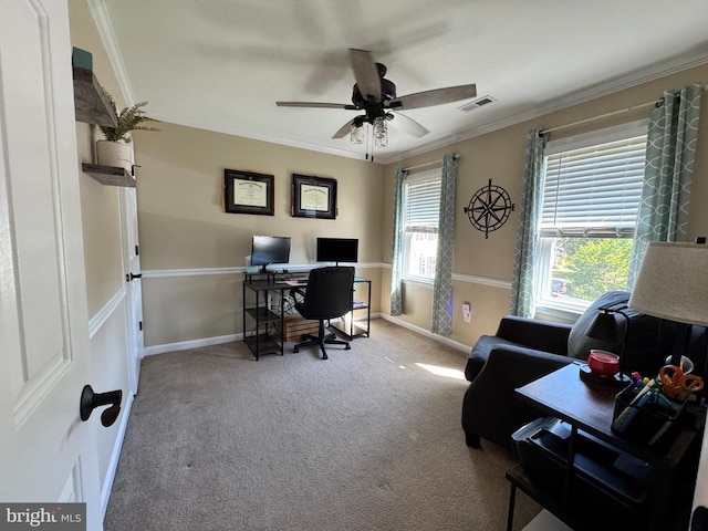 10010 Peppermill Ct, Fredericksburg, VA 22407 - office area with carpet floors, crown molding, a ceiling fan, and baseboards