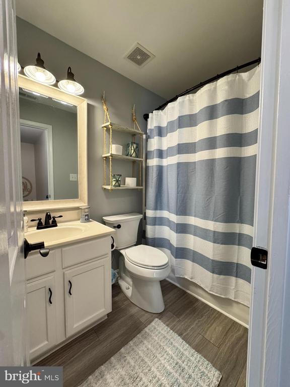 10010 Peppermill Ct, Fredericksburg, VA 22407 - bathroom with wood finished floors, toilet, vanity, and a shower with curtain