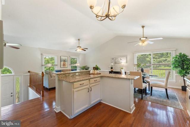  - kitchen featuring ceiling fan, open floor plan, dark wood-type flooring, vaulted ceiling, and light stone counters