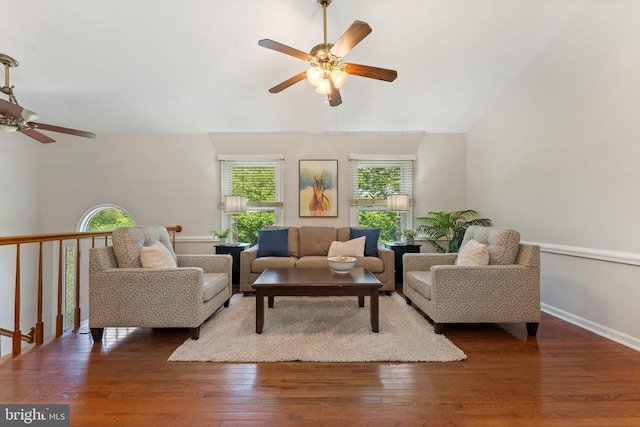  - living room featuring a ceiling fan, wood finished floors, and lofted ceiling