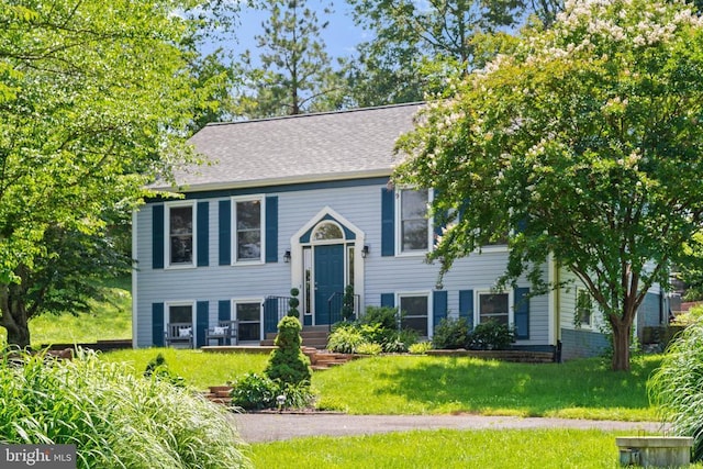 - raised ranch with a front lawn and roof with shingles