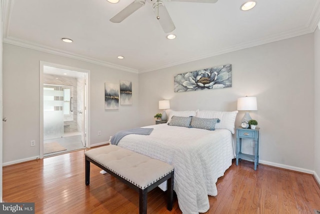  - bedroom featuring recessed lighting, wood finished floors, crown molding, and ceiling fan