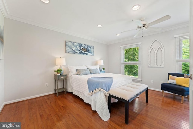  - bedroom featuring ornamental molding, recessed lighting, wood finished floors, and ceiling fan