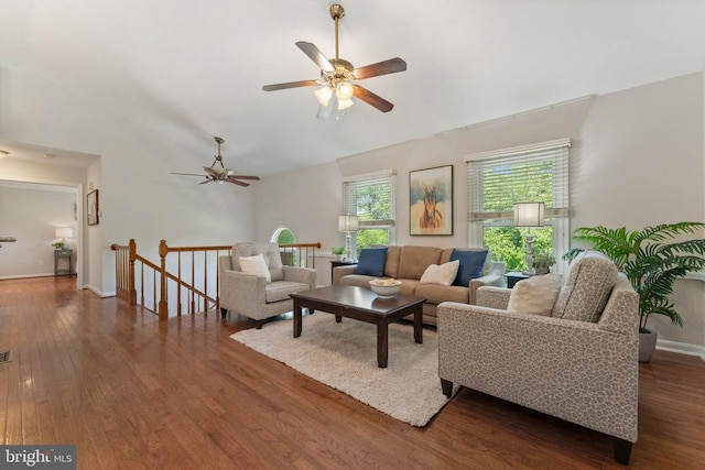  - living area featuring ceiling fan, wood-type flooring, and high vaulted ceiling