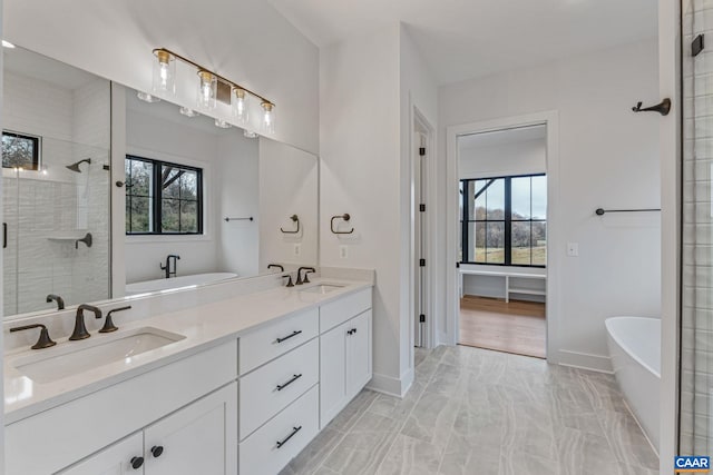 3 Ridge Rd, Charlottesville, VA 22901 - full bathroom with double vanity, a freestanding bath, a shower stall, and a sink