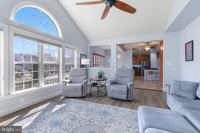 living room with ceiling fan, baseboards, high vaulted ceiling, and wood finished floors