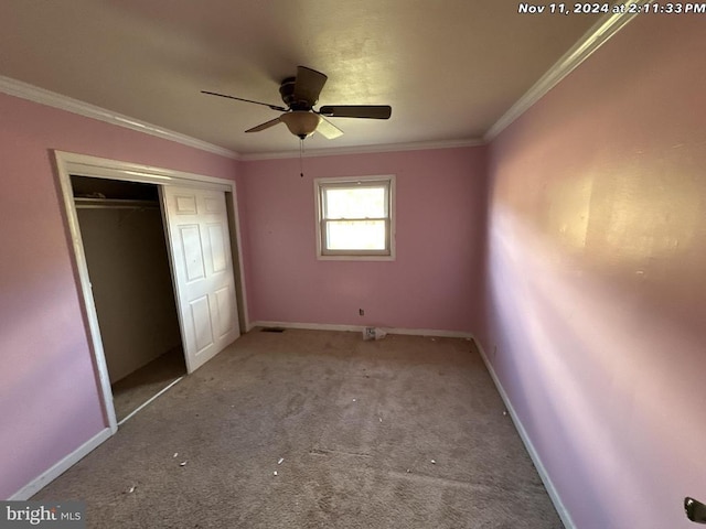 22064 Yellow Bottom Rd, Lignum, VA 22726 - unfurnished bedroom featuring ornamental molding, a closet, baseboards, carpet floors, and a ceiling fan