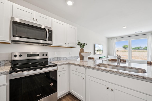 240 Camden Dr, Waynesboro, VA 22980 - kitchen featuring stainless steel appliances, white cabinets, recessed lighting, light stone counters, and dark wood finished floors