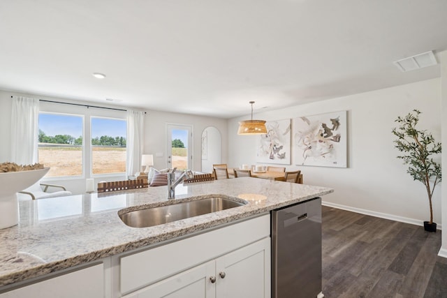 240 Camden Dr, Waynesboro, VA 22980 - kitchen featuring dishwasher, dark wood finished floors, white cabinets, light stone counters, and pendant lighting
