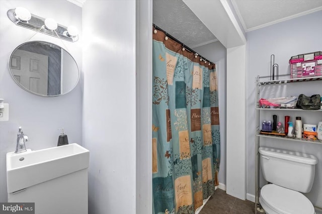 13602 Flank March Ln, Spotsylvania, VA 22551 - bathroom featuring a sink, toilet, a textured ceiling, crown molding, and tile patterned flooring