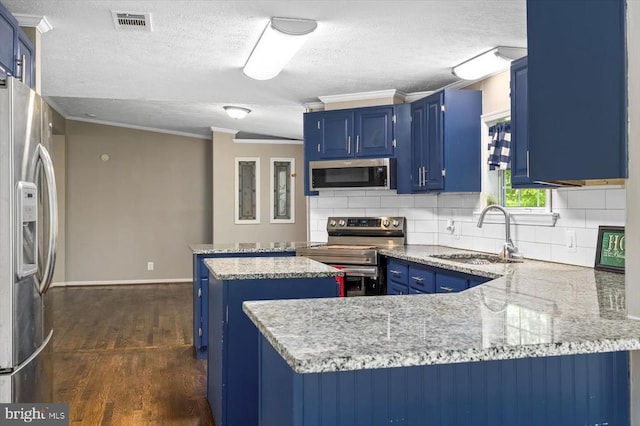 13602 Flank March Ln, Spotsylvania, VA 22551 - kitchen featuring a sink, stainless steel appliances, a textured ceiling, and blue cabinetry