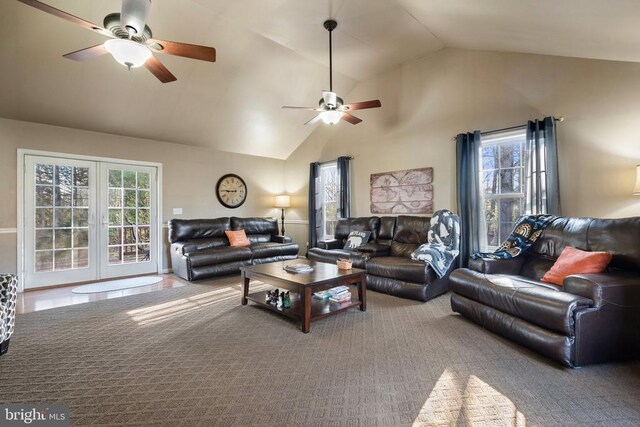 5585 Sperryville Pike, Boston, VA 22713 - living room with a ceiling fan, vaulted ceiling, and french doors