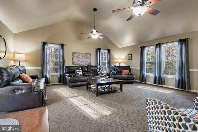 5585 Sperryville Pike, Boston, VA 22713 - carpeted living room featuring ceiling fan, vaulted ceiling, healthy amount of natural light, and baseboards