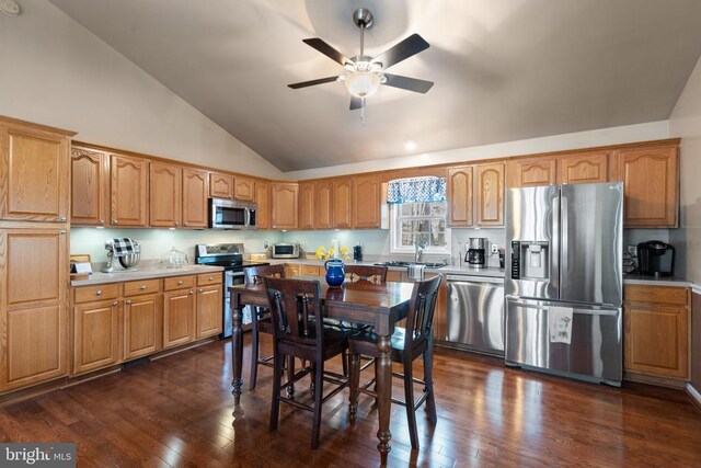 5585 Sperryville Pike, Boston, VA 22713 - kitchen with stainless steel appliances, ceiling fan, a sink, light countertops, and high vaulted ceiling