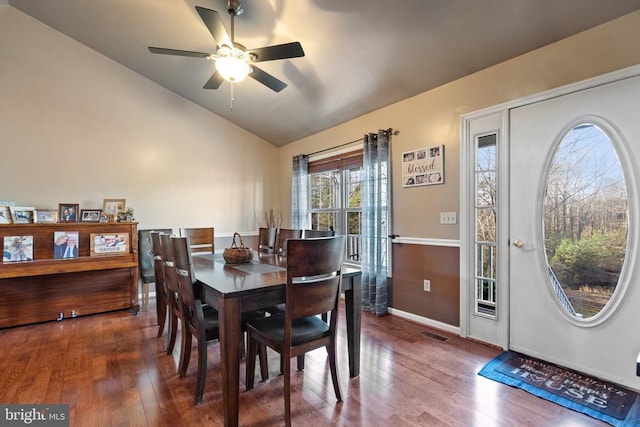 5585 Sperryville Pike, Boston, VA 22713 - dining space with vaulted ceiling, wood finished floors, a ceiling fan, and baseboards
