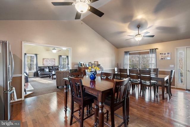5585 Sperryville Pike, Boston, VA 22713 - dining space with ceiling fan, dark wood finished floors, baseboards, and high vaulted ceiling