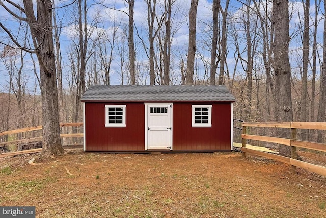 view of shed featuring fence