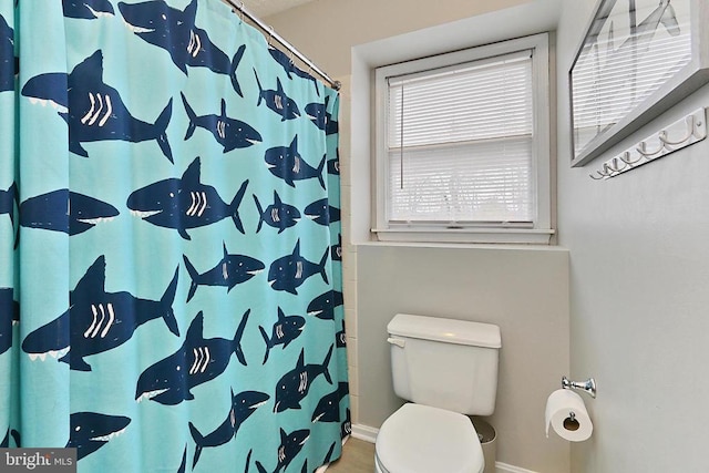 full bathroom featuring baseboards, toilet, and curtained shower