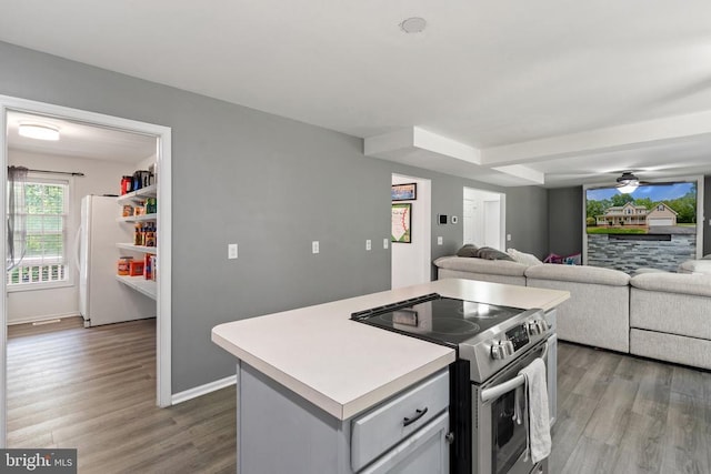 7221 Crockett Ave, Rapidan, VA 22733 - kitchen with stainless steel electric range oven, light wood-style floors, a center island, light countertops, and freestanding refrigerator