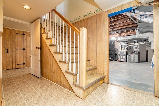 340 New York Ave, Harrisonburg, VA 22801 - stairs with wood walls, heating unit, and concrete flooring