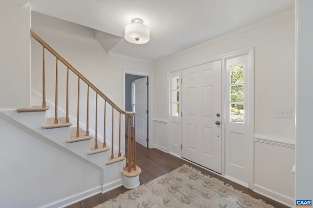 102 Powhatan Cir, Charlottesville, VA 22901 - entryway featuring wood finished floors, stairs, baseboards, and crown molding