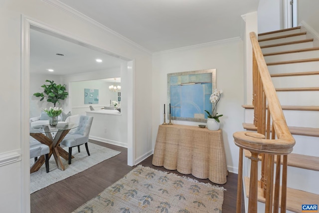 102 Powhatan Cir, Charlottesville, VA 22901 - entryway with stairs, wood finished floors, crown molding, a chandelier, and baseboards
