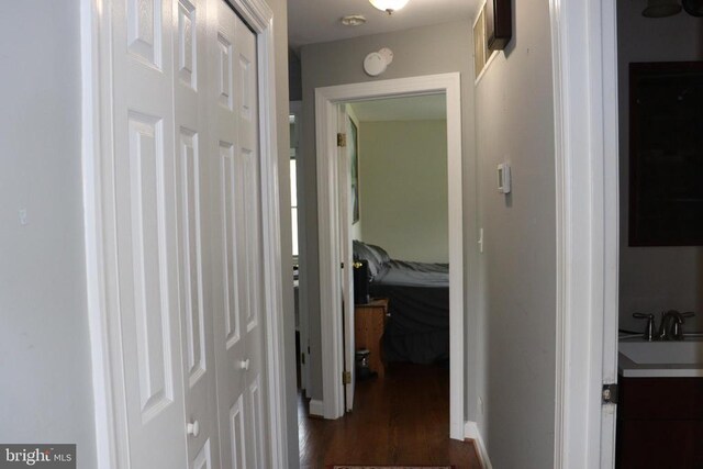 hall featuring a sink and dark wood-style floors