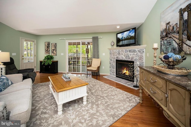 living room with a fireplace, wood finished floors, and healthy amount of natural light
