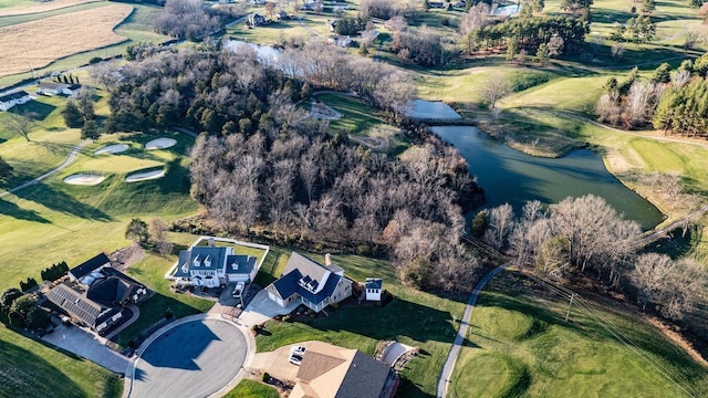 bird's eye view with a water view and view of golf course