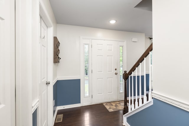10 Zephyr Rd, Palmyra, VA 22963 - entrance foyer with stairway, dark wood finished floors, recessed lighting, and baseboards