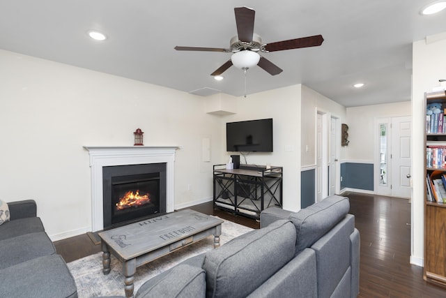 10 Zephyr Rd, Palmyra, VA 22963 - living area featuring ceiling fan, a glass covered fireplace, dark wood-style flooring, recessed lighting, and baseboards